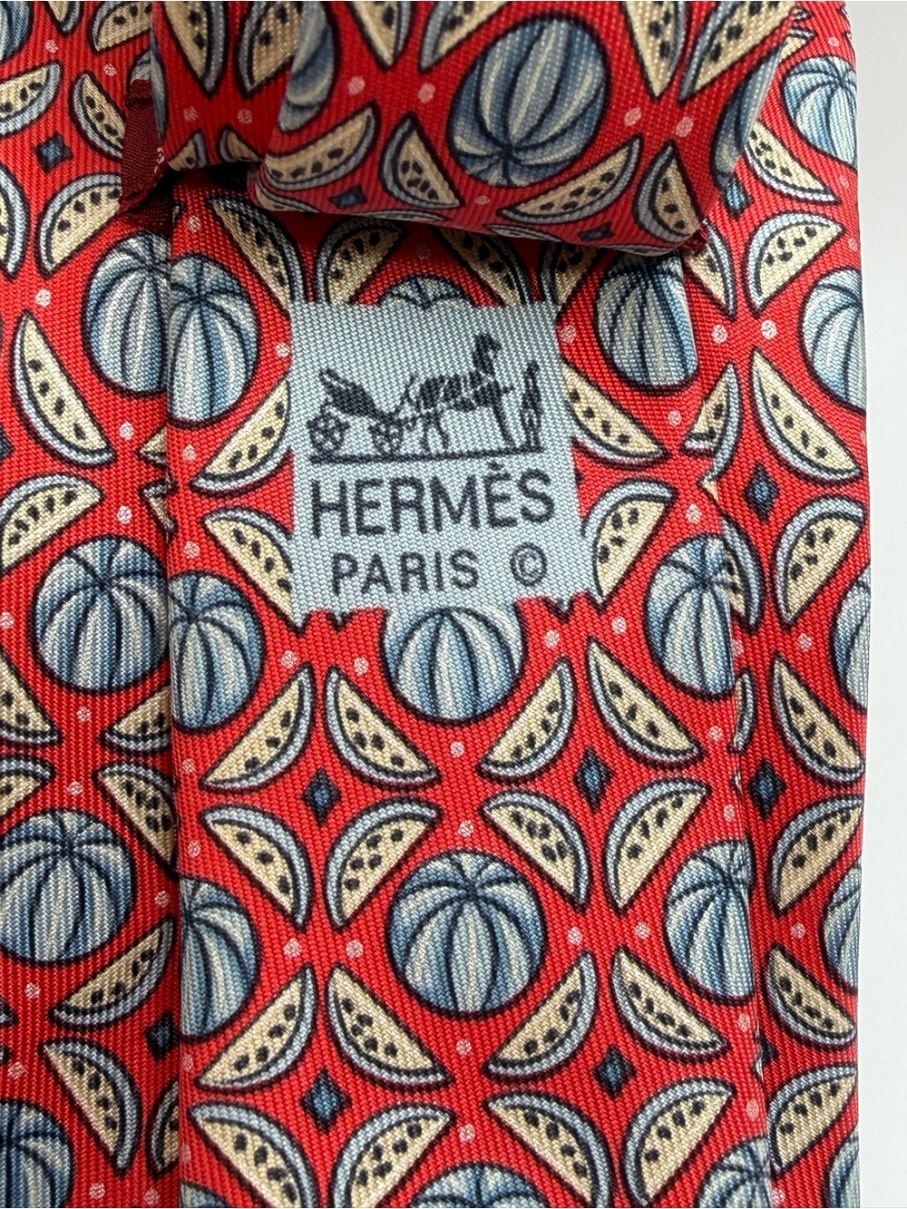 Hermes Red Tie with Blue and Cream Medallions